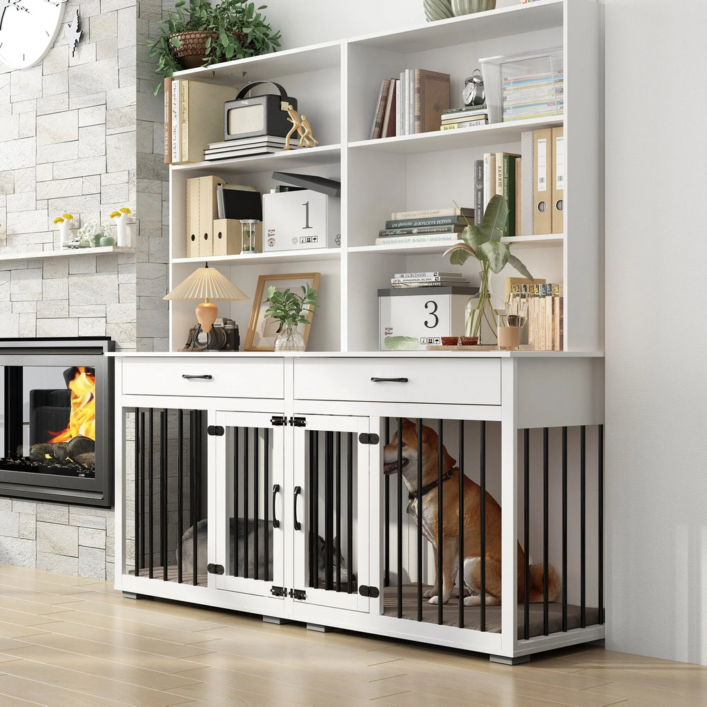 White Home Office Desk with Built-In Dog Crate E3664