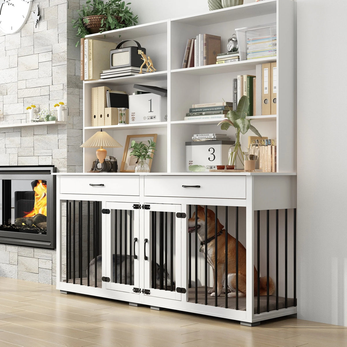 White Home Office Desk with Built-In Dog Crate E3664