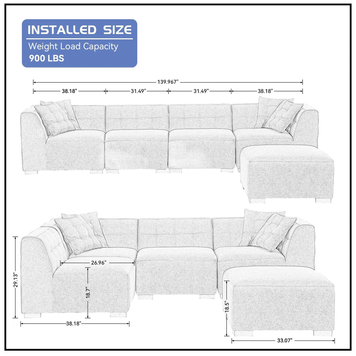 Convertible Sectional Sofa with Chaise L-Shaped 5 Seater D63109