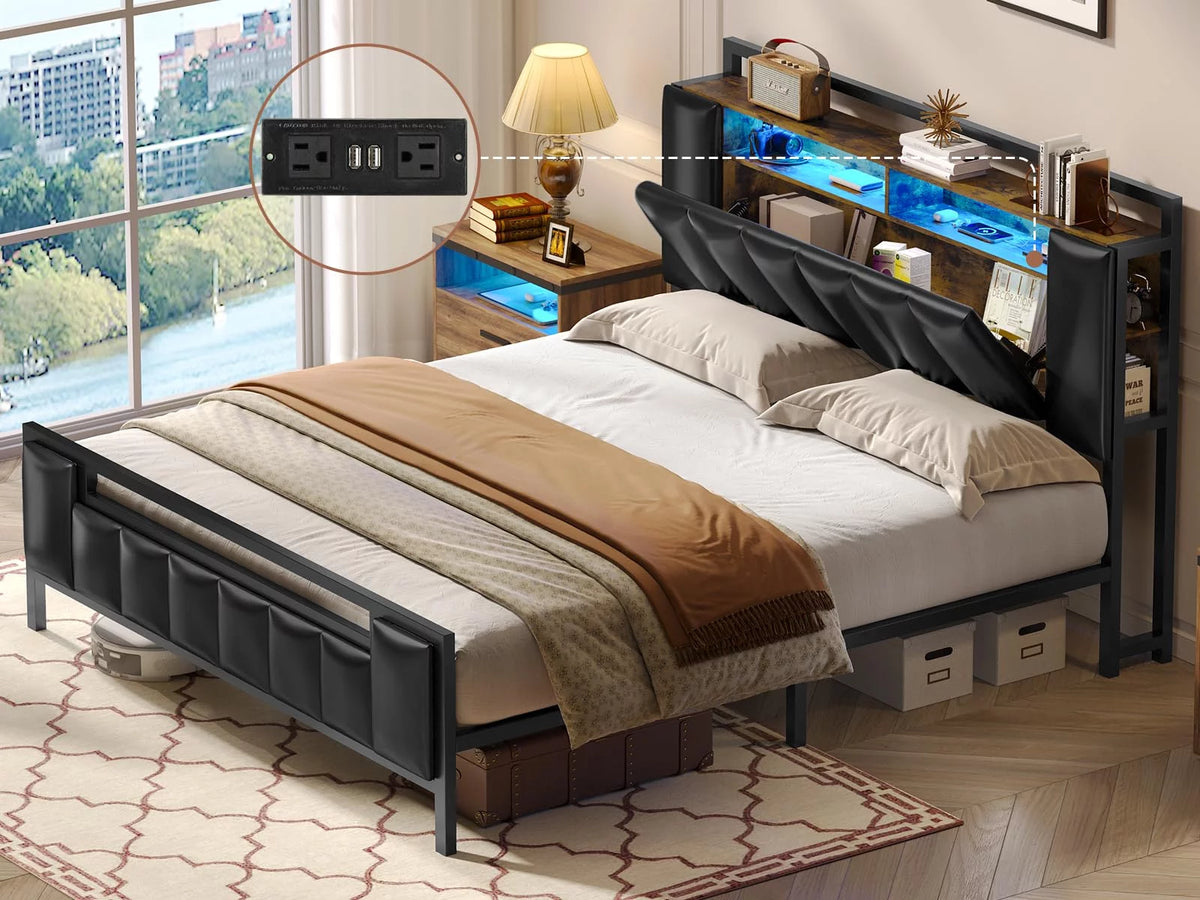 Queen Size LED Upholstered Platform Bed Frame with Storage Headboard L61868