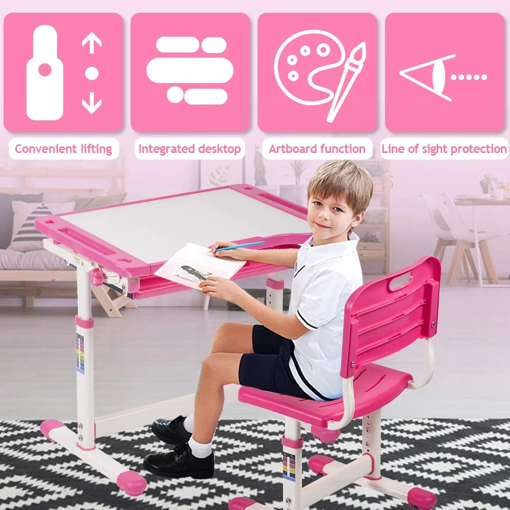 Kids Adjustable Height Ergonomic Desk and Chair Set with Storage Drawer F5114