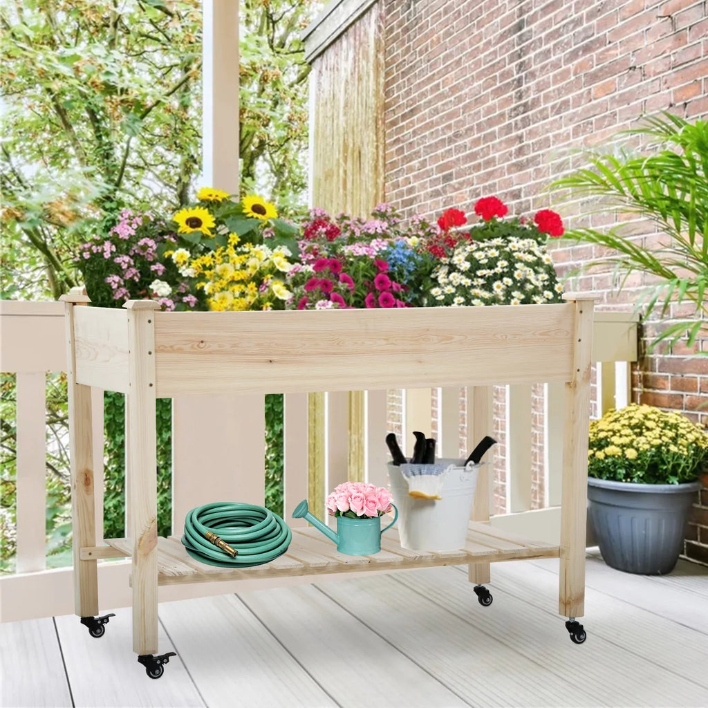 Raised Wood Garden Bed with Wheels and Storage Shelf O7902