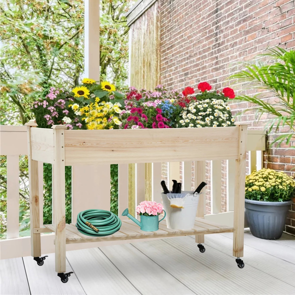 Raised Wood Garden Bed with Wheels and Storage Shelf O7902