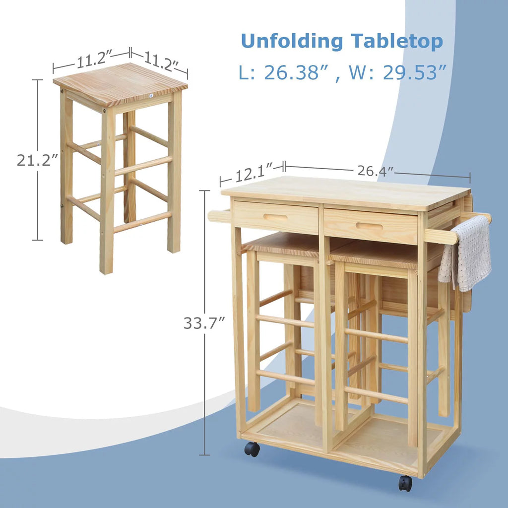 Drop Leaf Table, Rolling Kitchen Tables, Dining Table Set for 2, Natural U8087