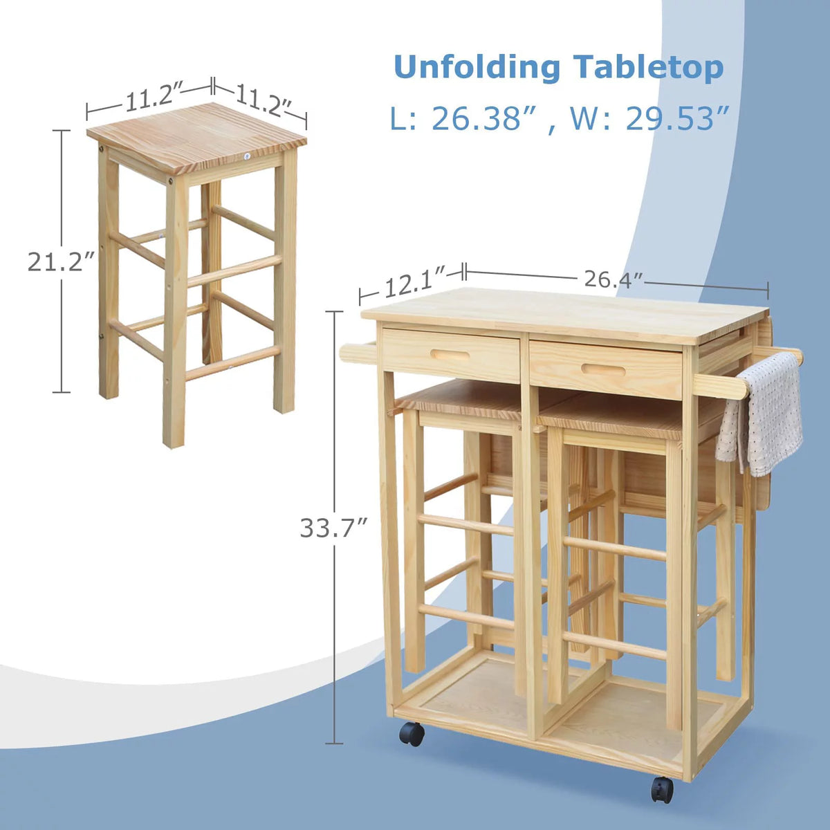 Drop Leaf Table, Rolling Kitchen Tables, Dining Table Set for 2, Natural U8087