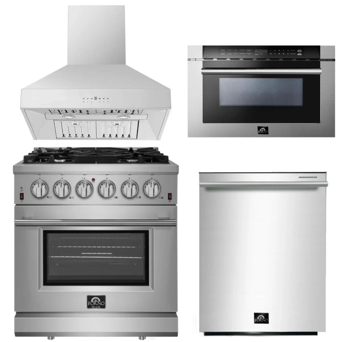 30 Inch Gas Range, Wall Mount Range Hood, Microwave Drawer, Dishwasher I12487