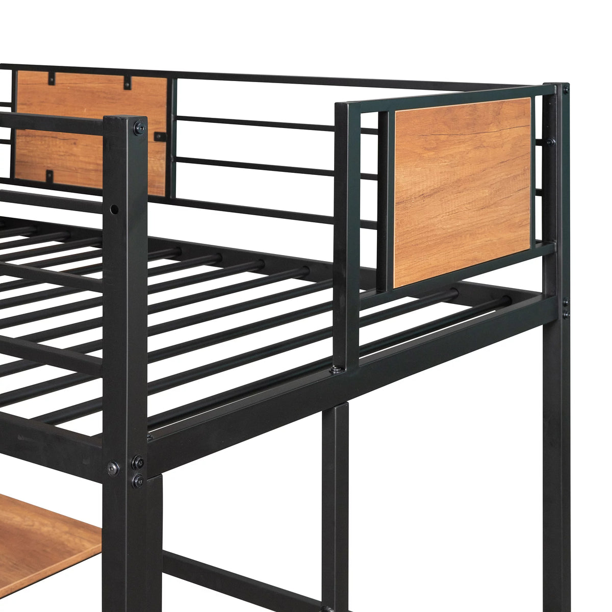 Black Twin Size Metal Loft Bed with Desk and Shelves D821