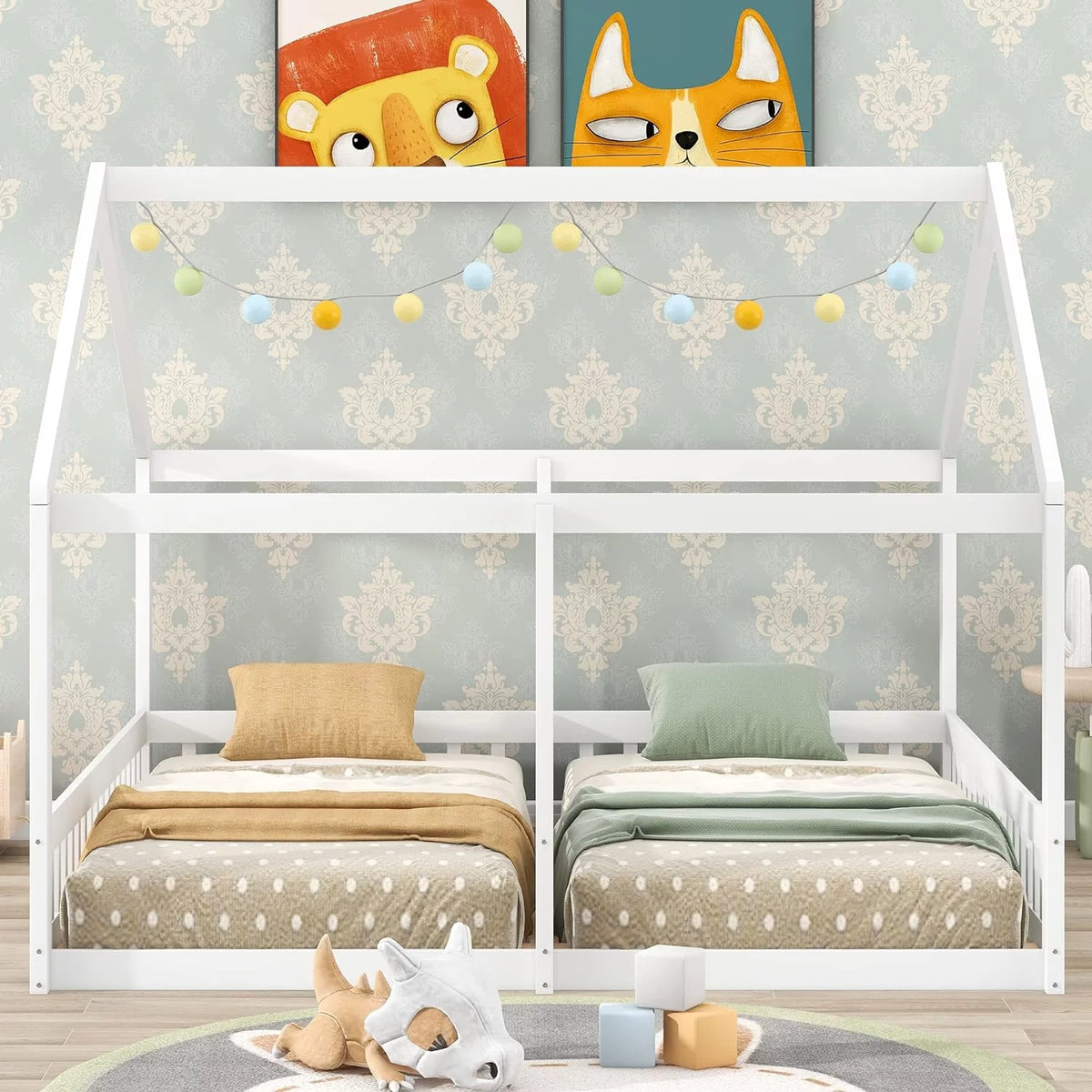White Solid Wood Floor Bed with Rails and Roof T87125