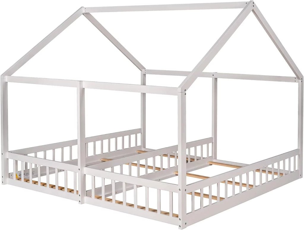 White Solid Wood Floor Bed with Rails and Roof T87125