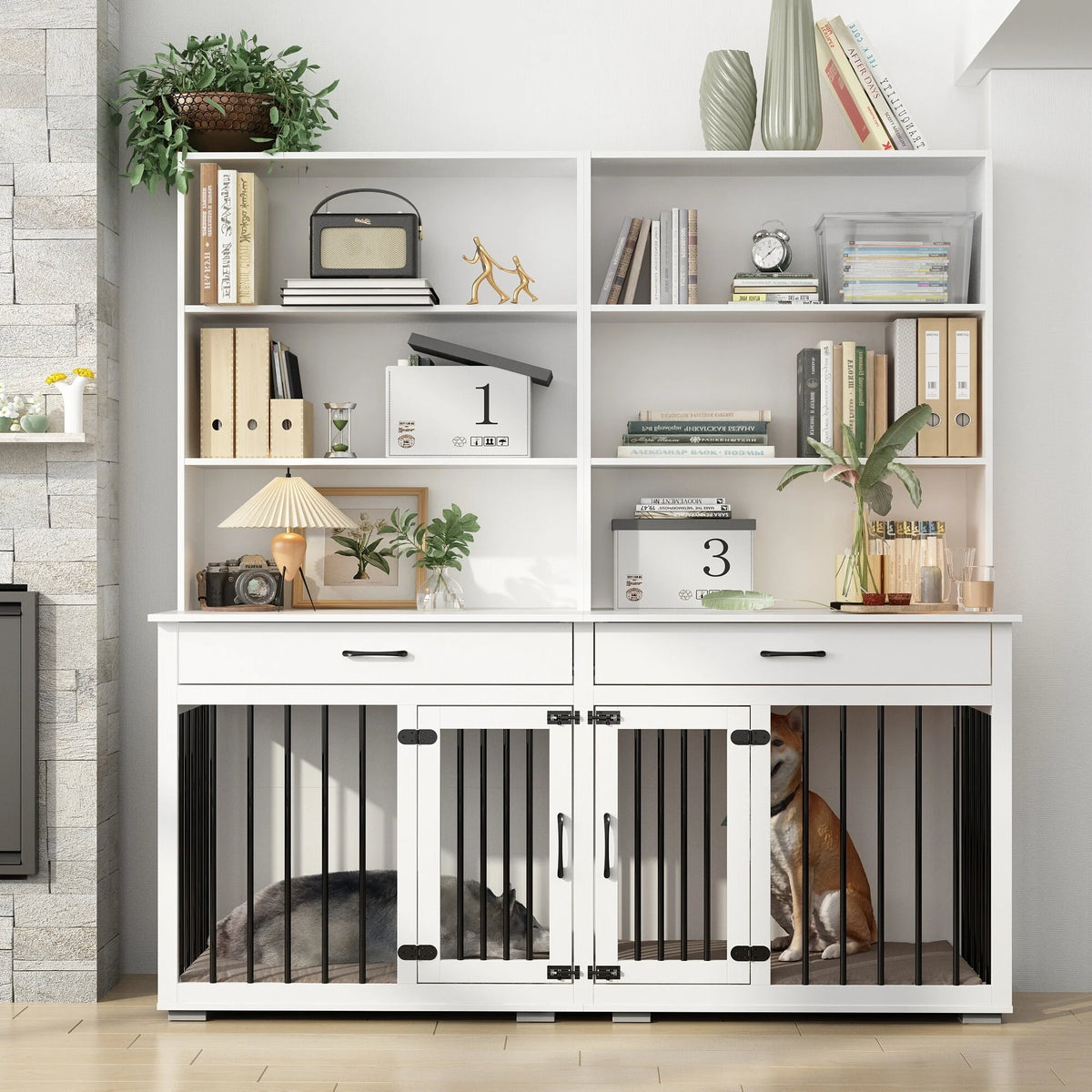 White Home Office Desk with Built-In Dog Crate E3664