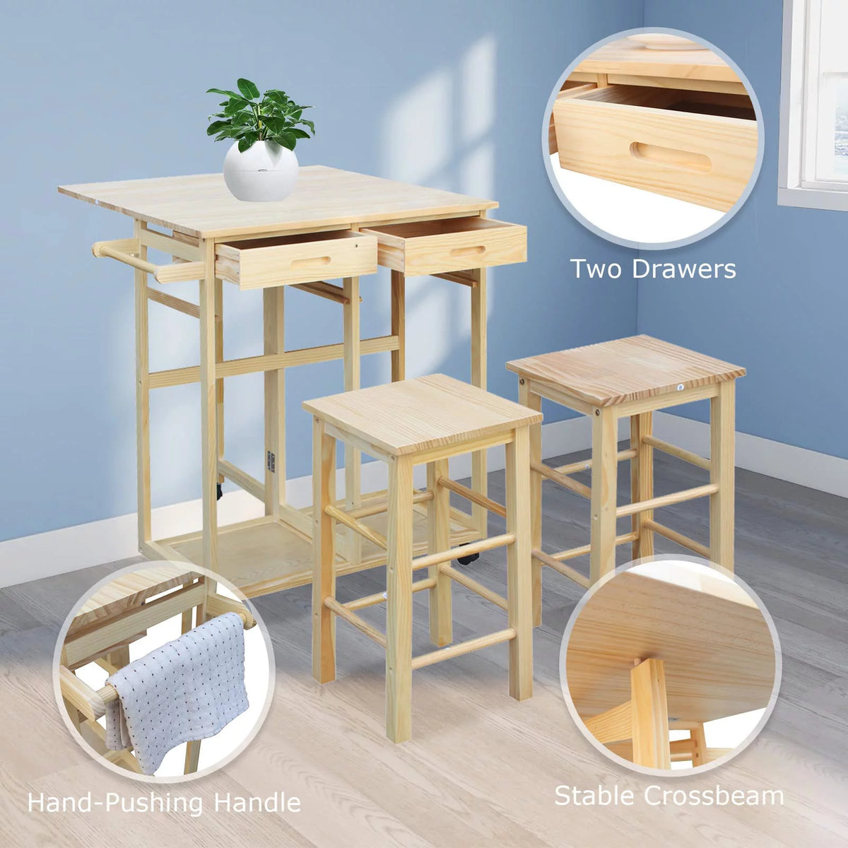 Drop Leaf Table, Rolling Kitchen Tables, Dining Table Set for 2, Natural U8087