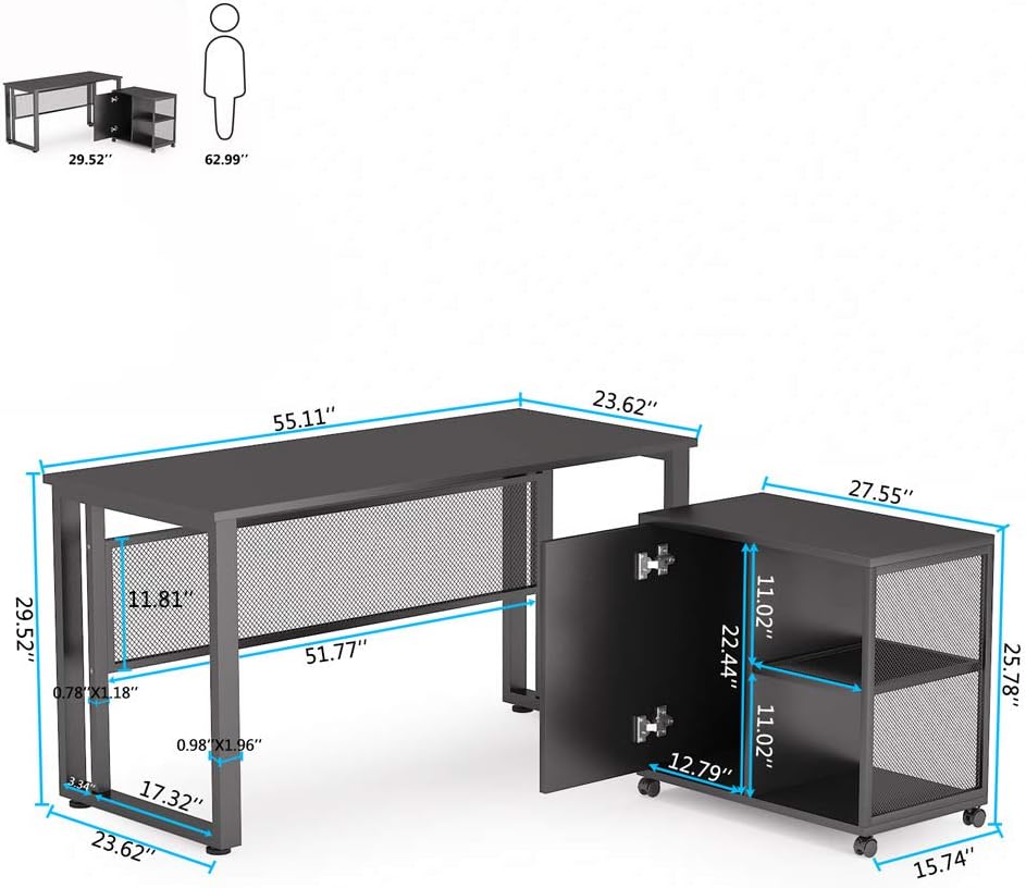 Black 55 inch L-Shaped Computer Desk with File Cabinet P3552