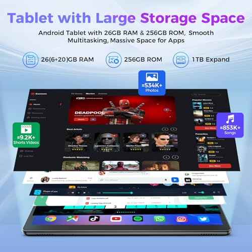 10.1 inch Android 14 Tablet with Keyboard, 26GB RAM, 256GB ROM, 8000mAh Battery, Black Z2089