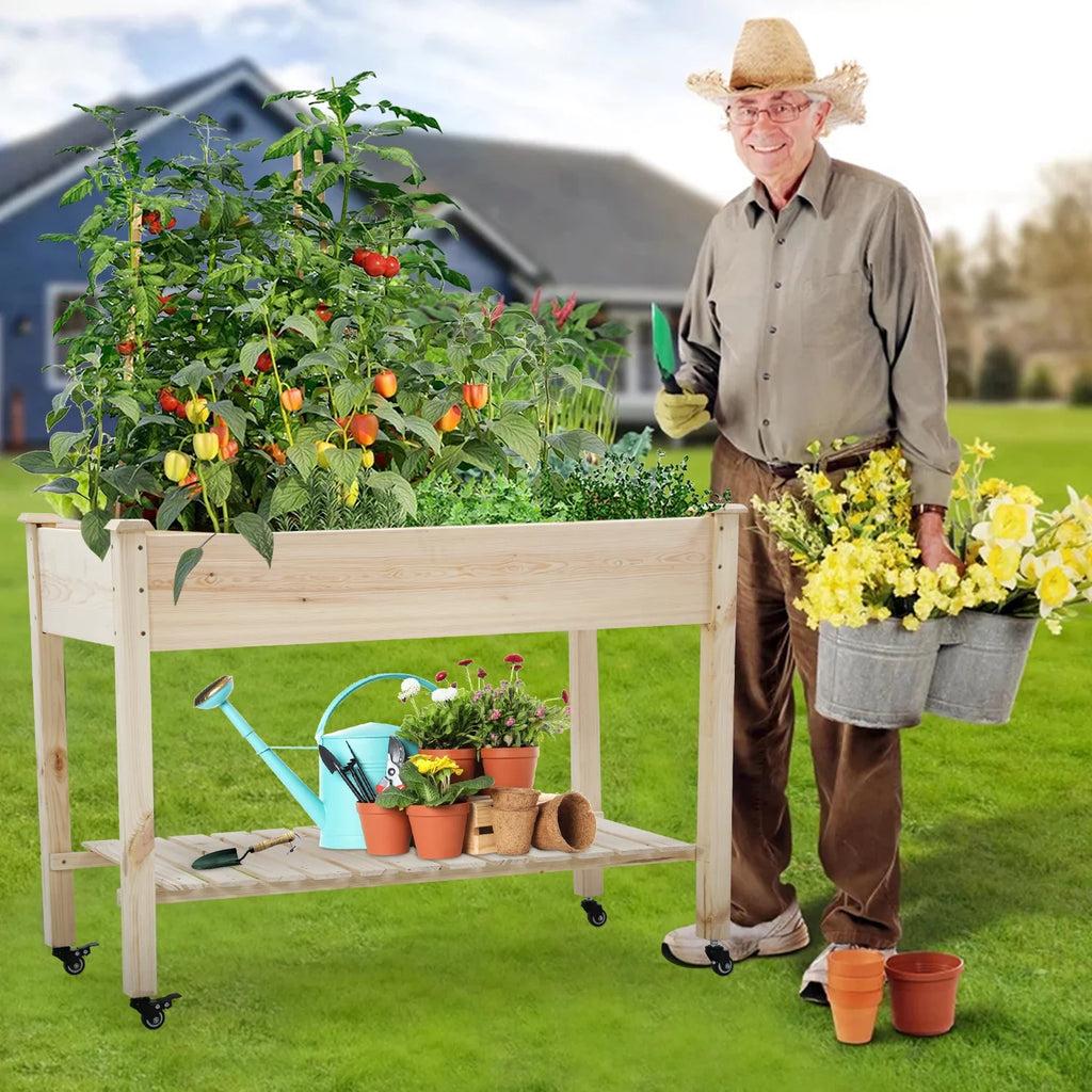 Raised Wood Garden Bed with Wheels and Storage Shelf O7902