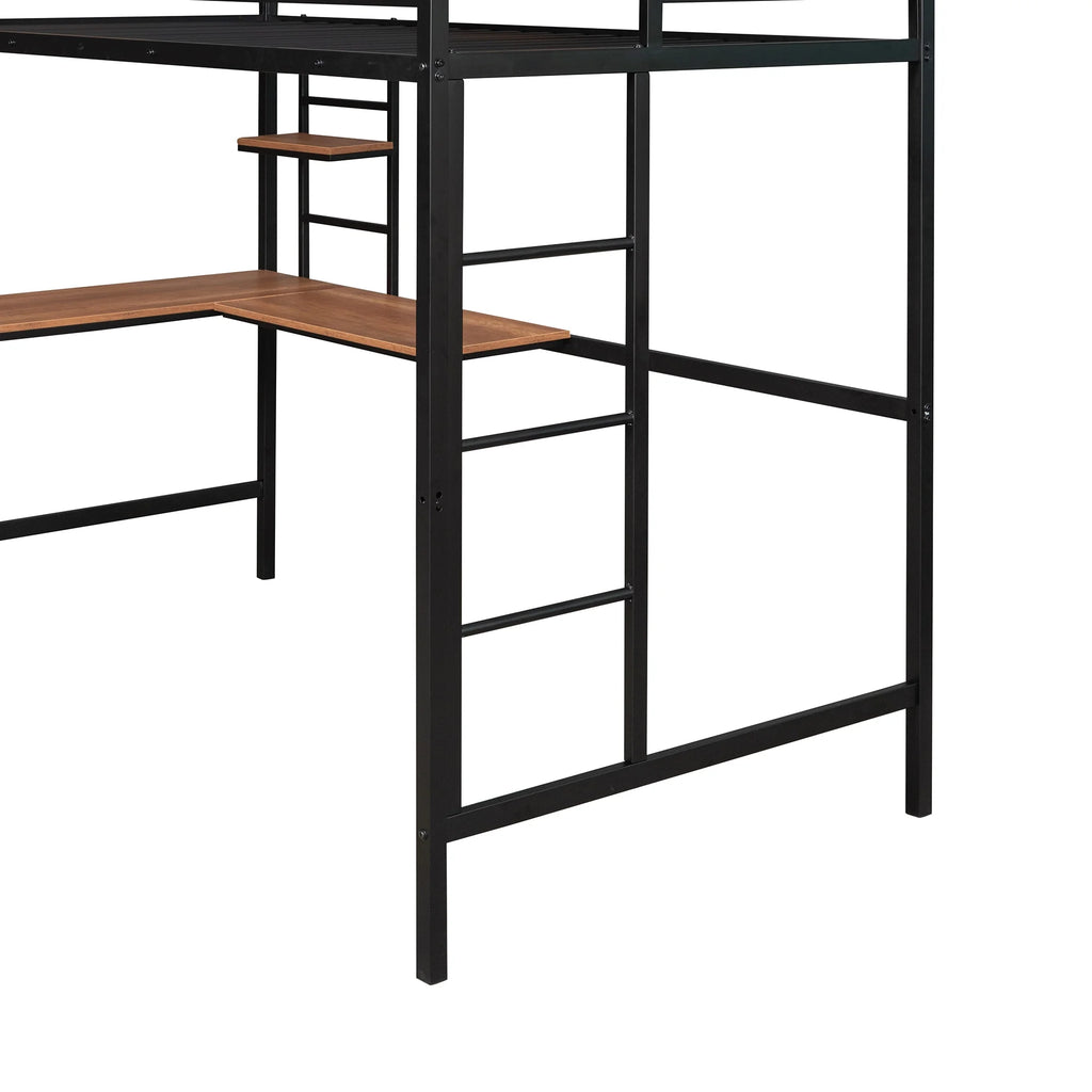 Black Twin Size Metal Loft Bed with Desk and Shelves D821
