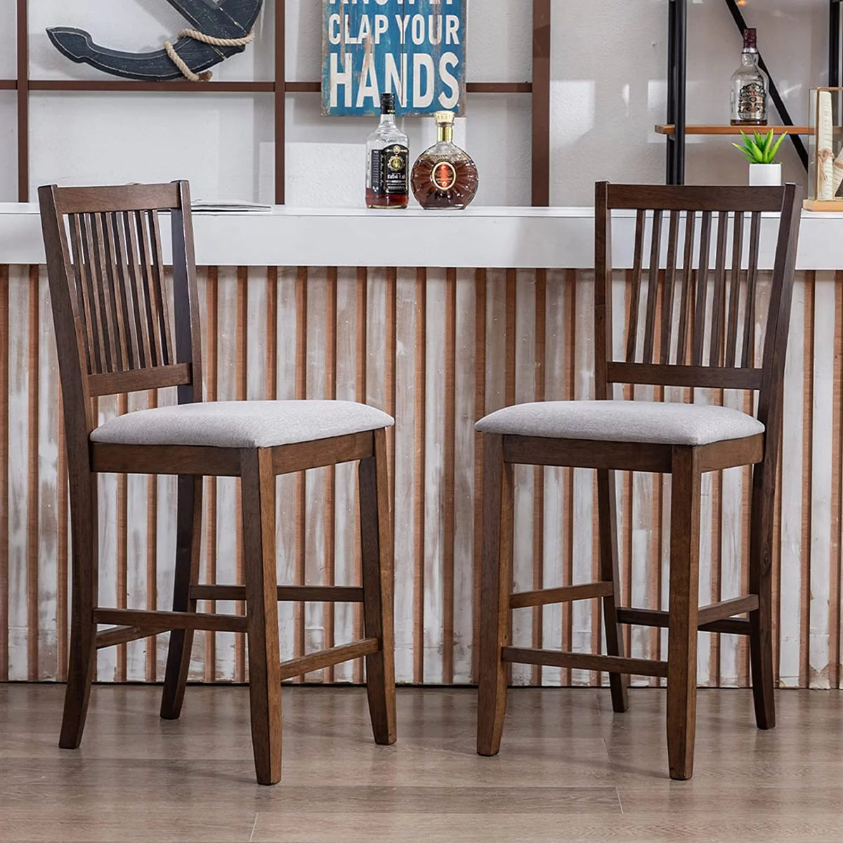 Wood Bar Stools Set of 2 Upholstered Counter Height Chairs Walnut J848135