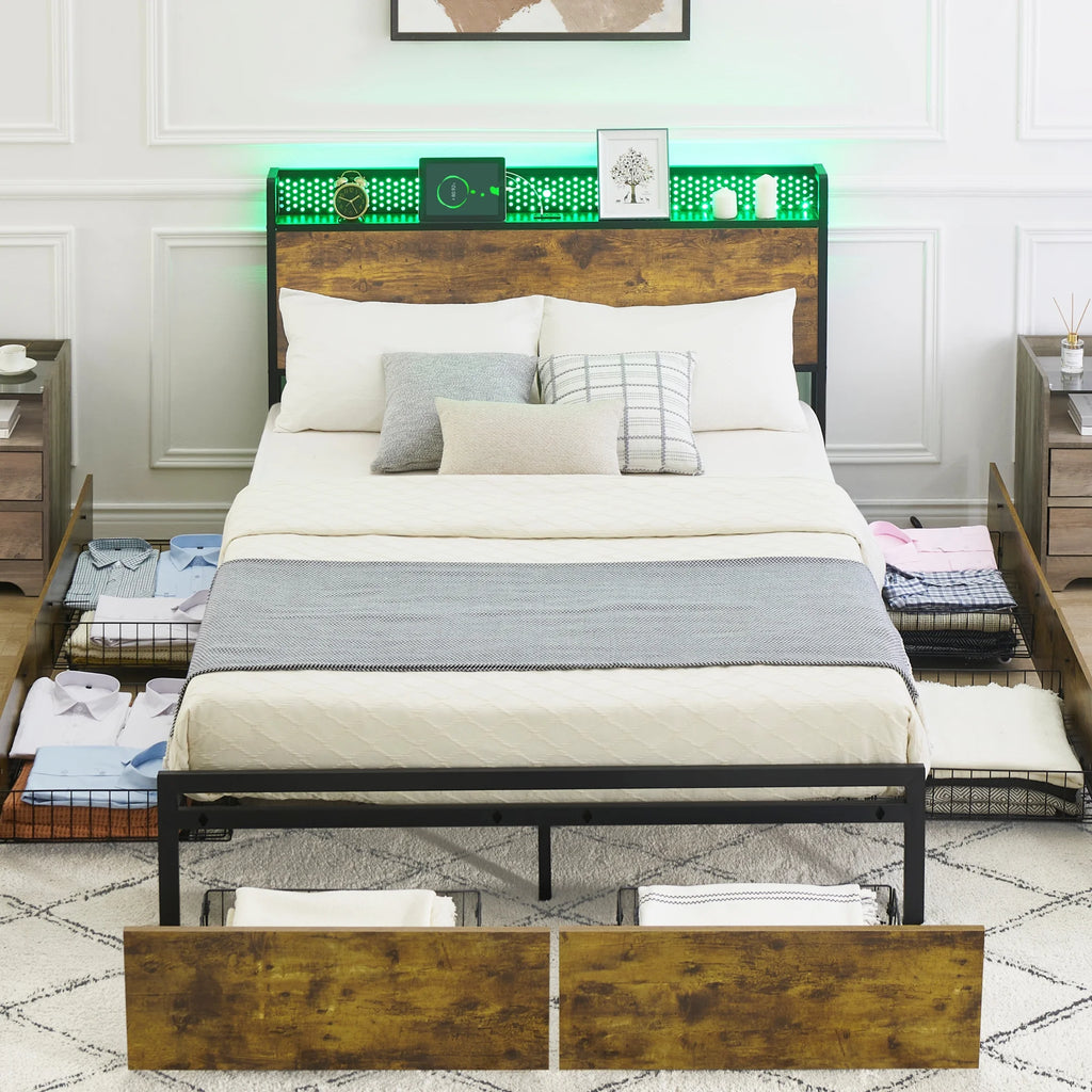 Queen Size Platform Bed Frame with Storage Headboard and 6 Drawers Z791