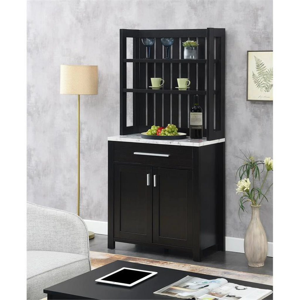 Espresso Wood Wine Bar with Cabinet and White Faux Marble Top W145