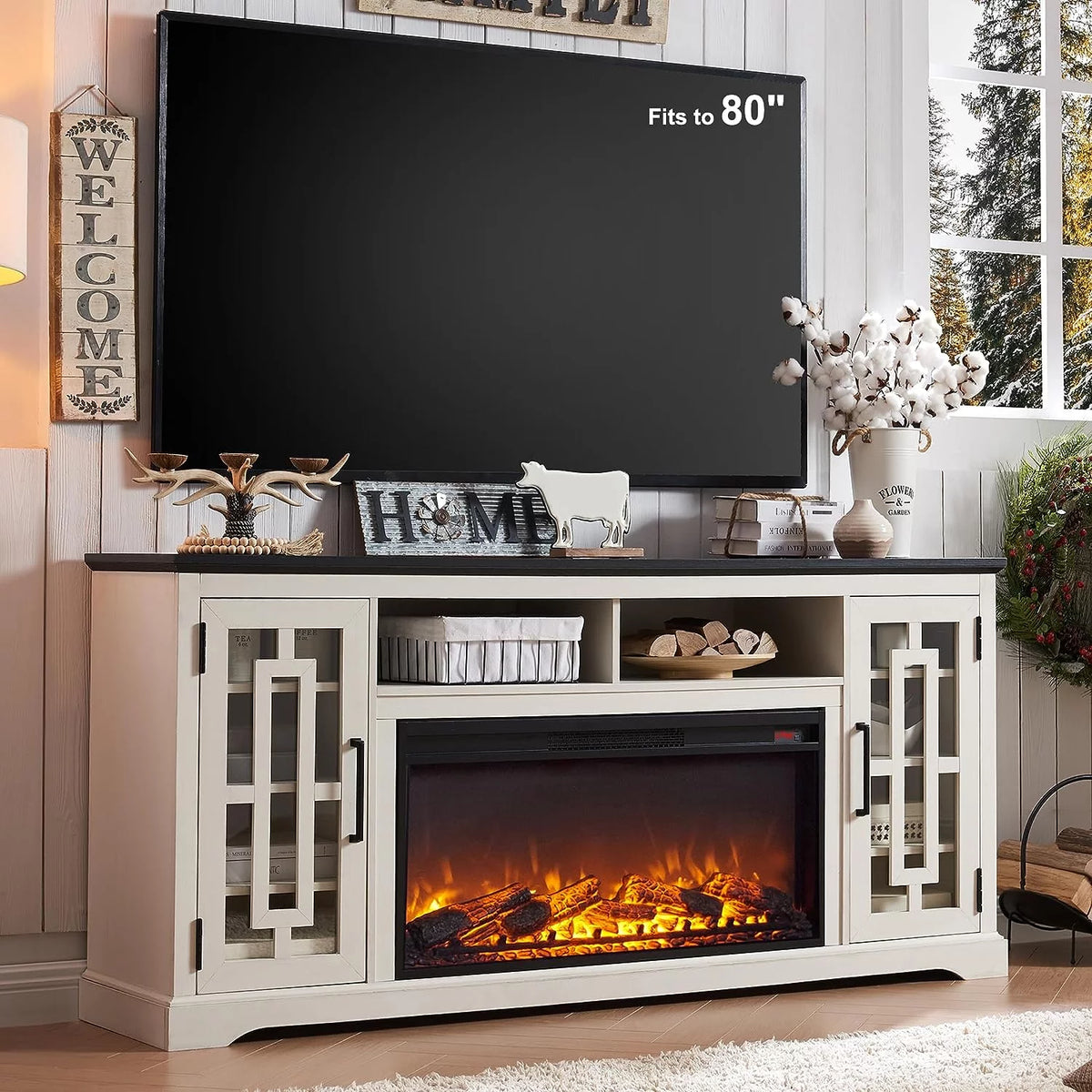 70 Fireplace TV Stand for 75 80 inch TV White S248434