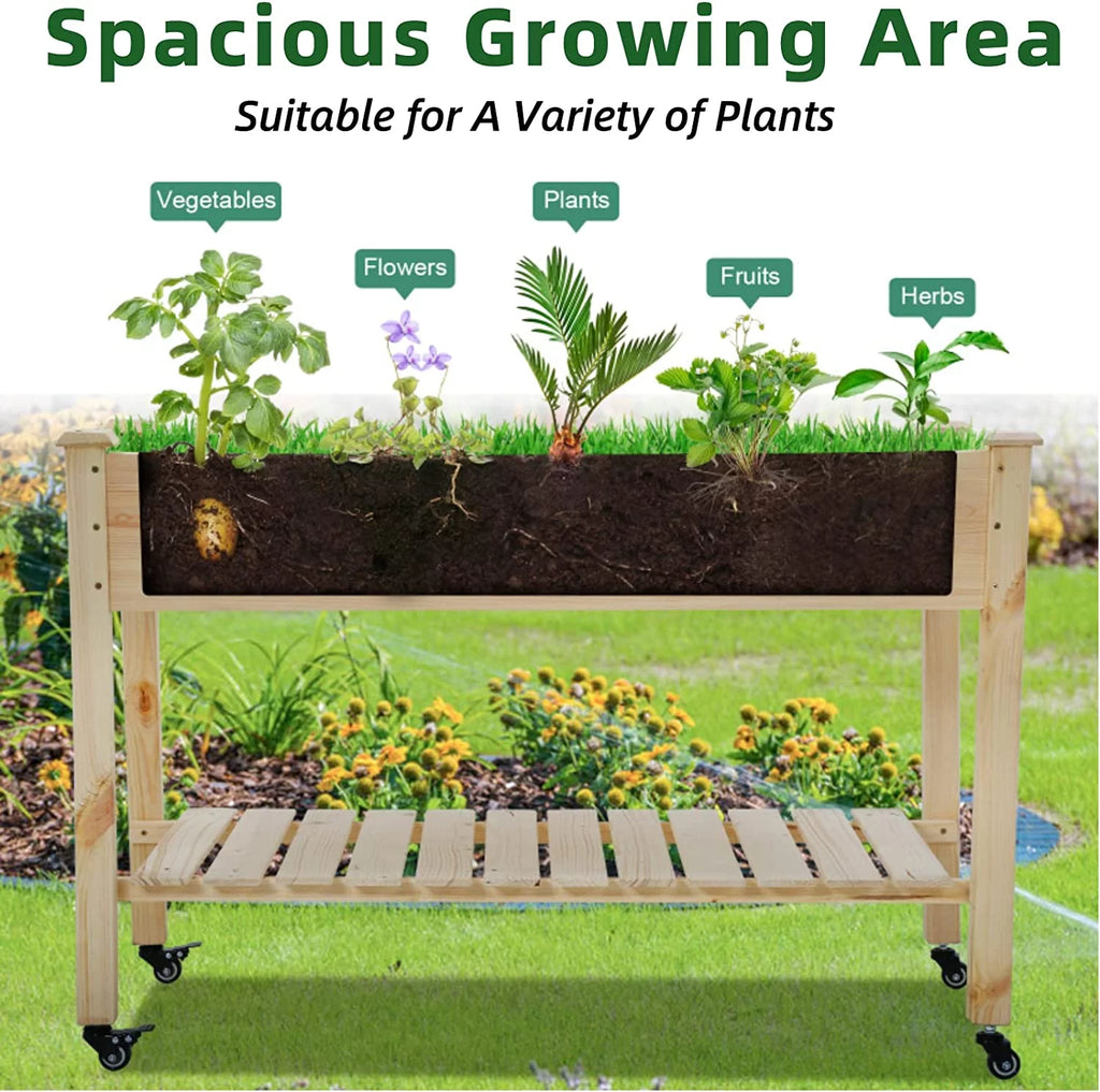 Raised Wood Garden Bed with Wheels and Storage Shelf O7902