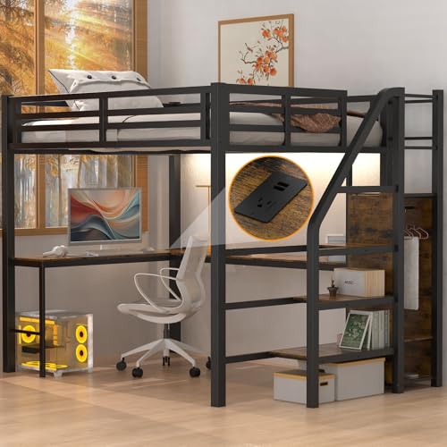 Full Size Black Metal Loft Bed with Desk and Storage Stairs K559