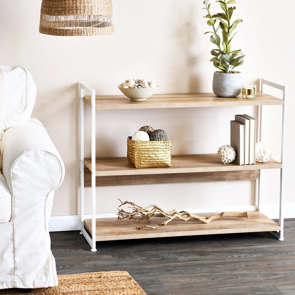 3 Tier Bleached Wood and White Metal Bookshelf L3102