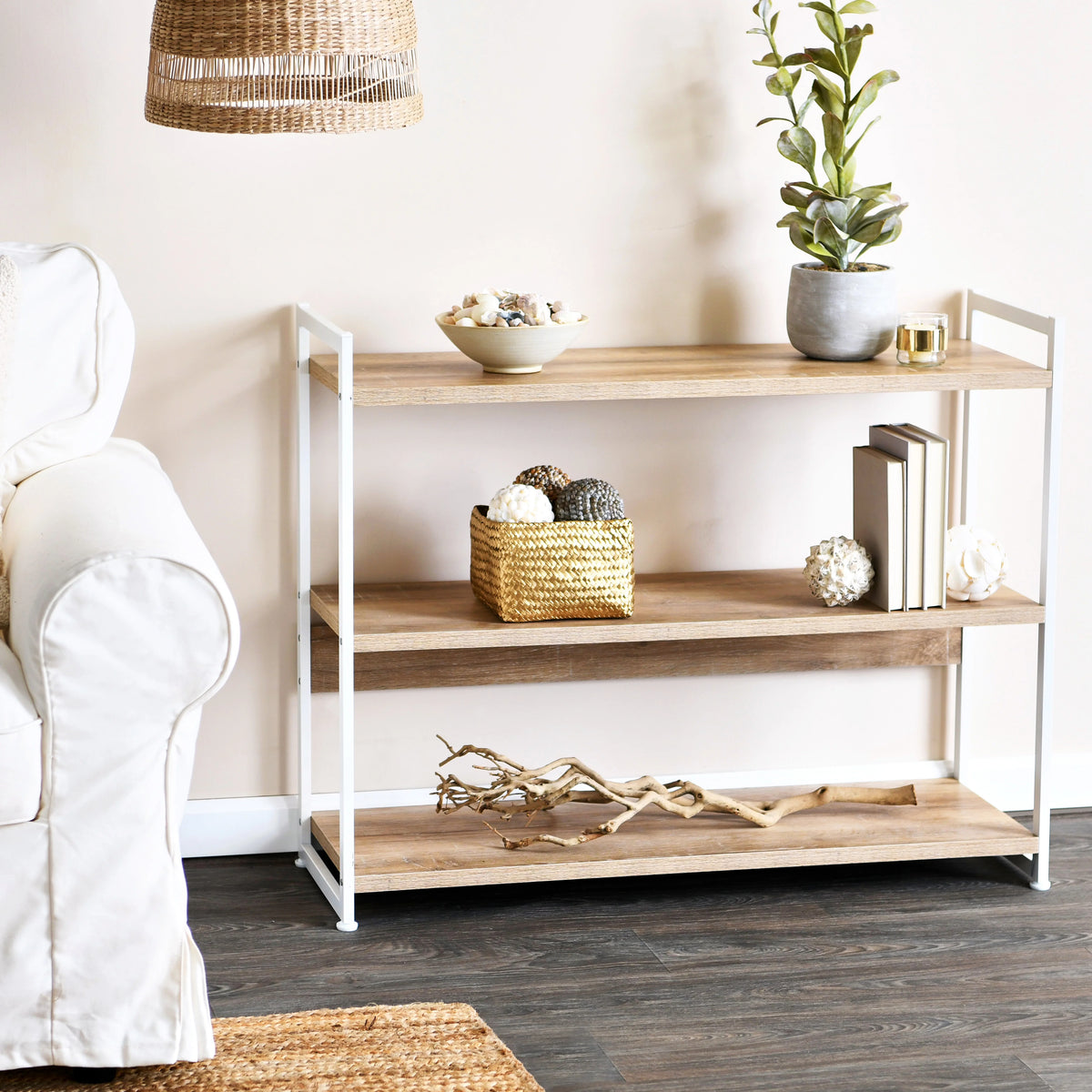 3 Tier Bleached Wood and White Metal Bookshelf L3102