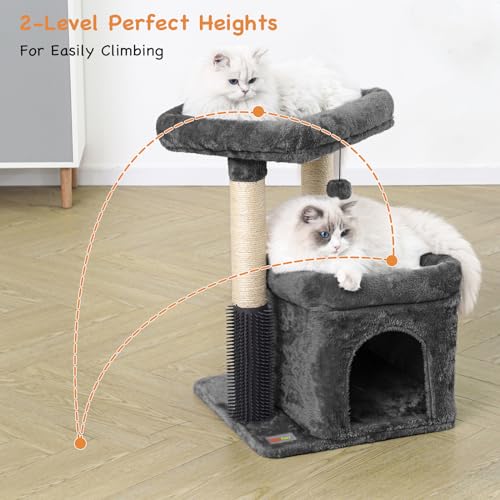 Small Cat Tree with Scratching Post, Condo, Perch and Pompoms E7809