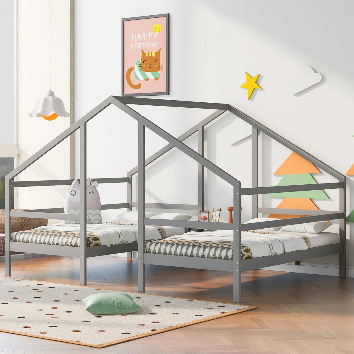 Twin Size Triangular House Beds with Built-in Table Gray C561