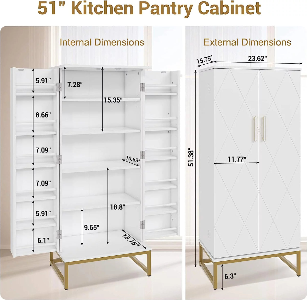 White Freestanding Kitchen Pantry Storage Cabinet with Adjustable Shelves V6456