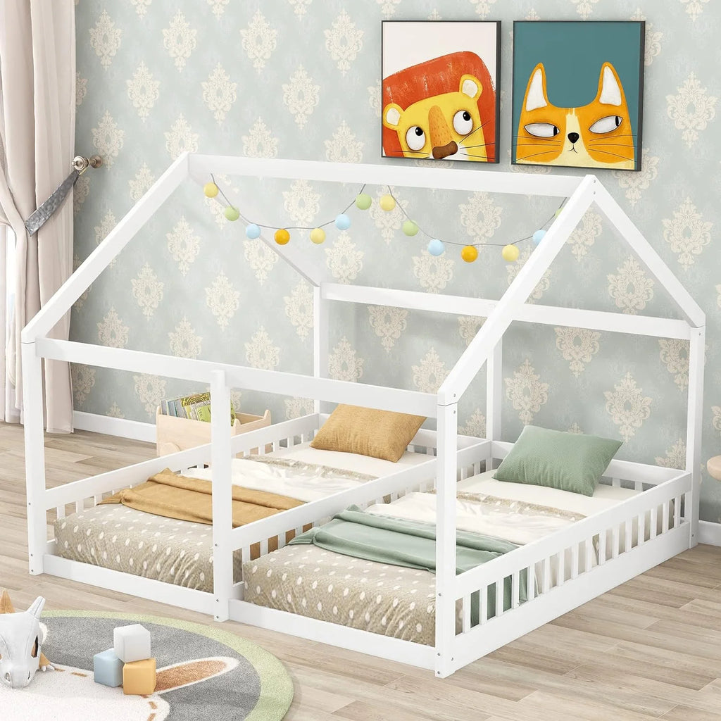 White Solid Wood Floor Bed with Rails and Roof T87125