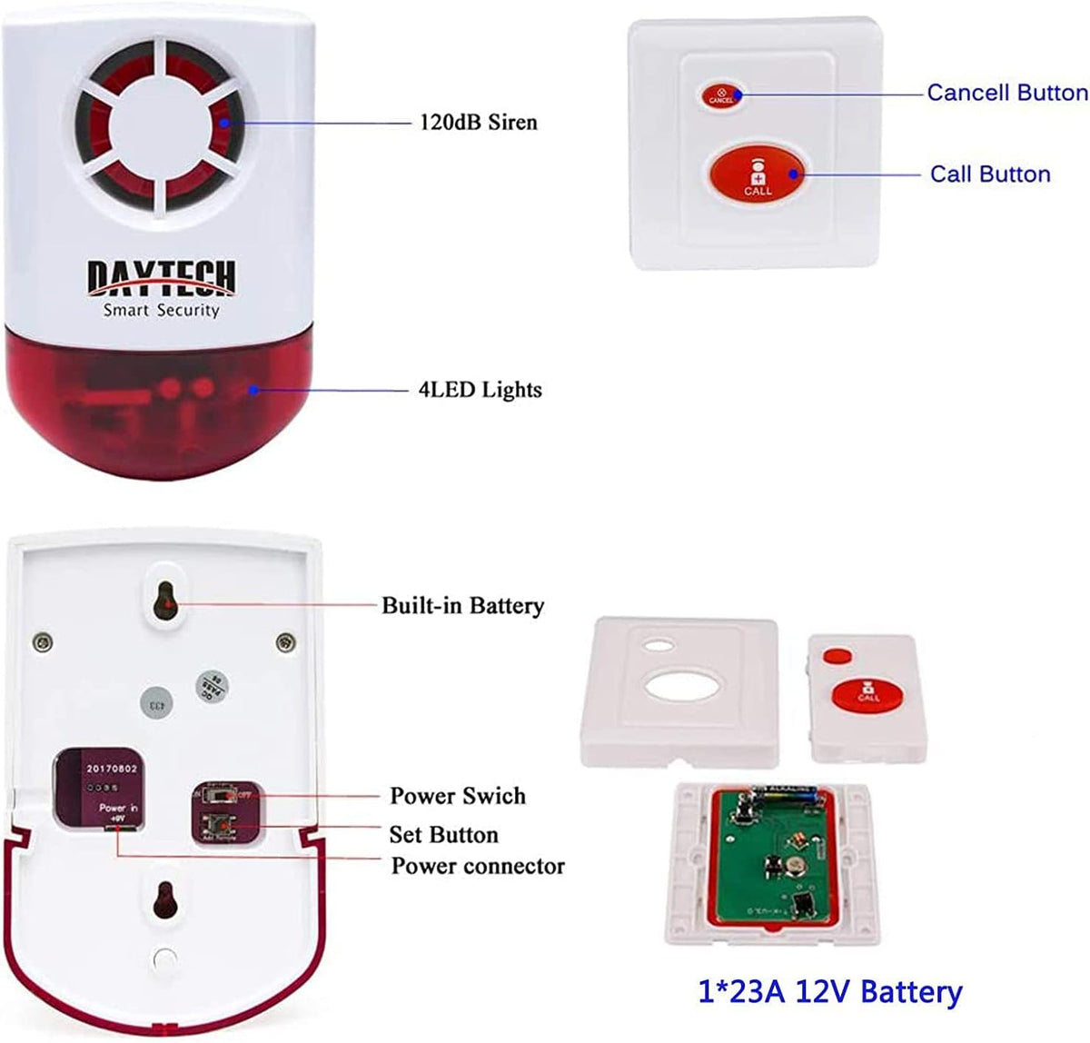 Panic Alarm Button Siren with Light and 4 Emergency Button F7795