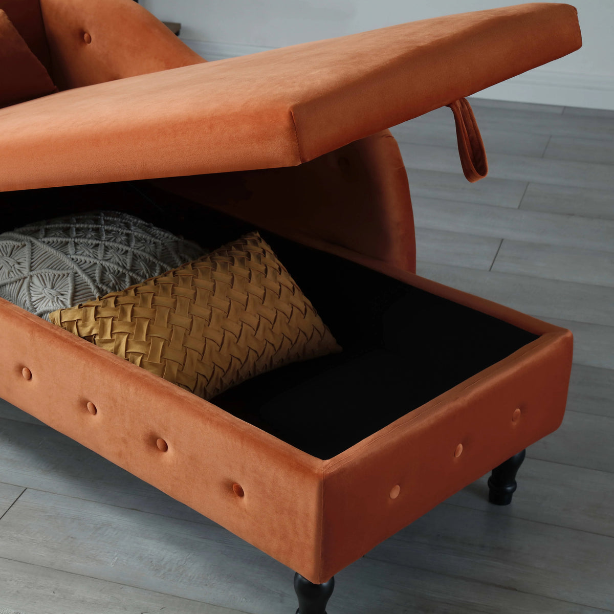60" Orange Velvet Storage Chaise Lounge with 1 Pillow N51576