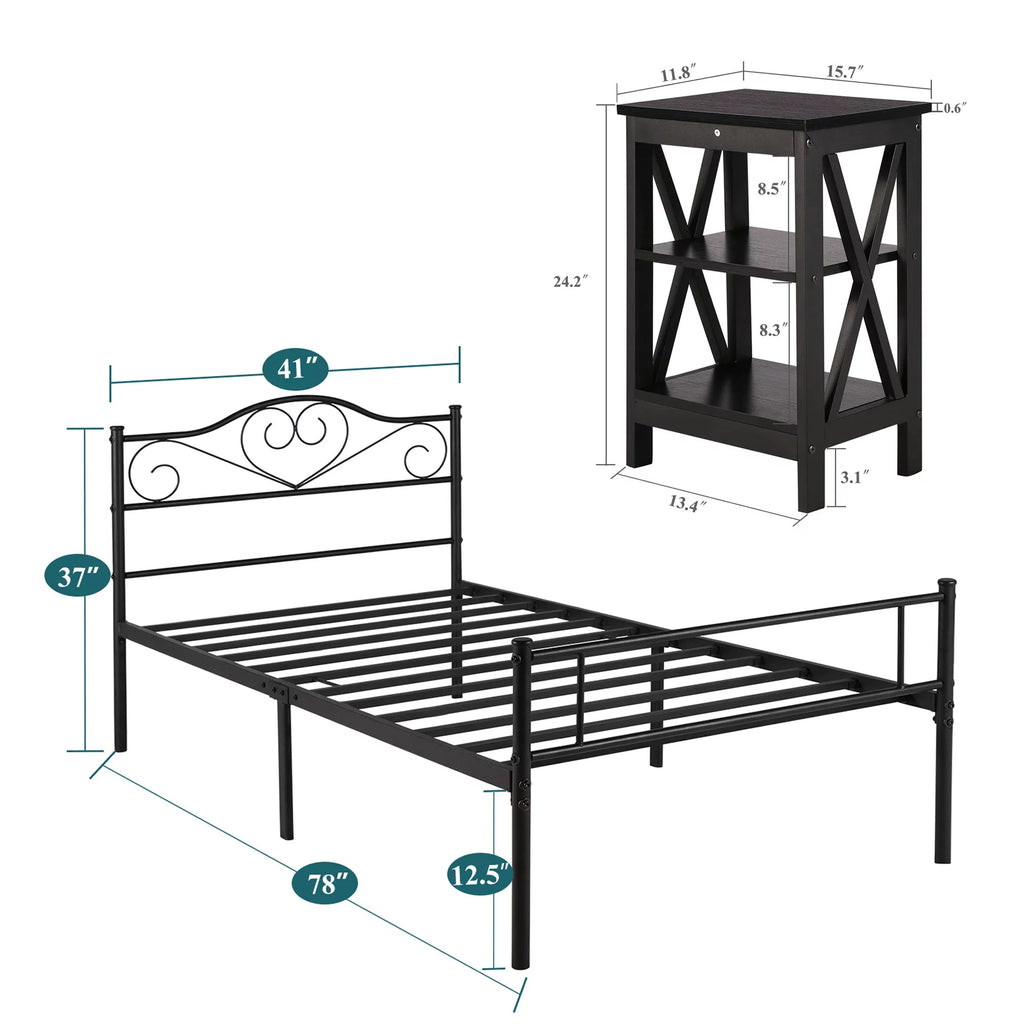 3-Piece Bedroom Set Metal Bed Frame and 2 Nightstand Z865
