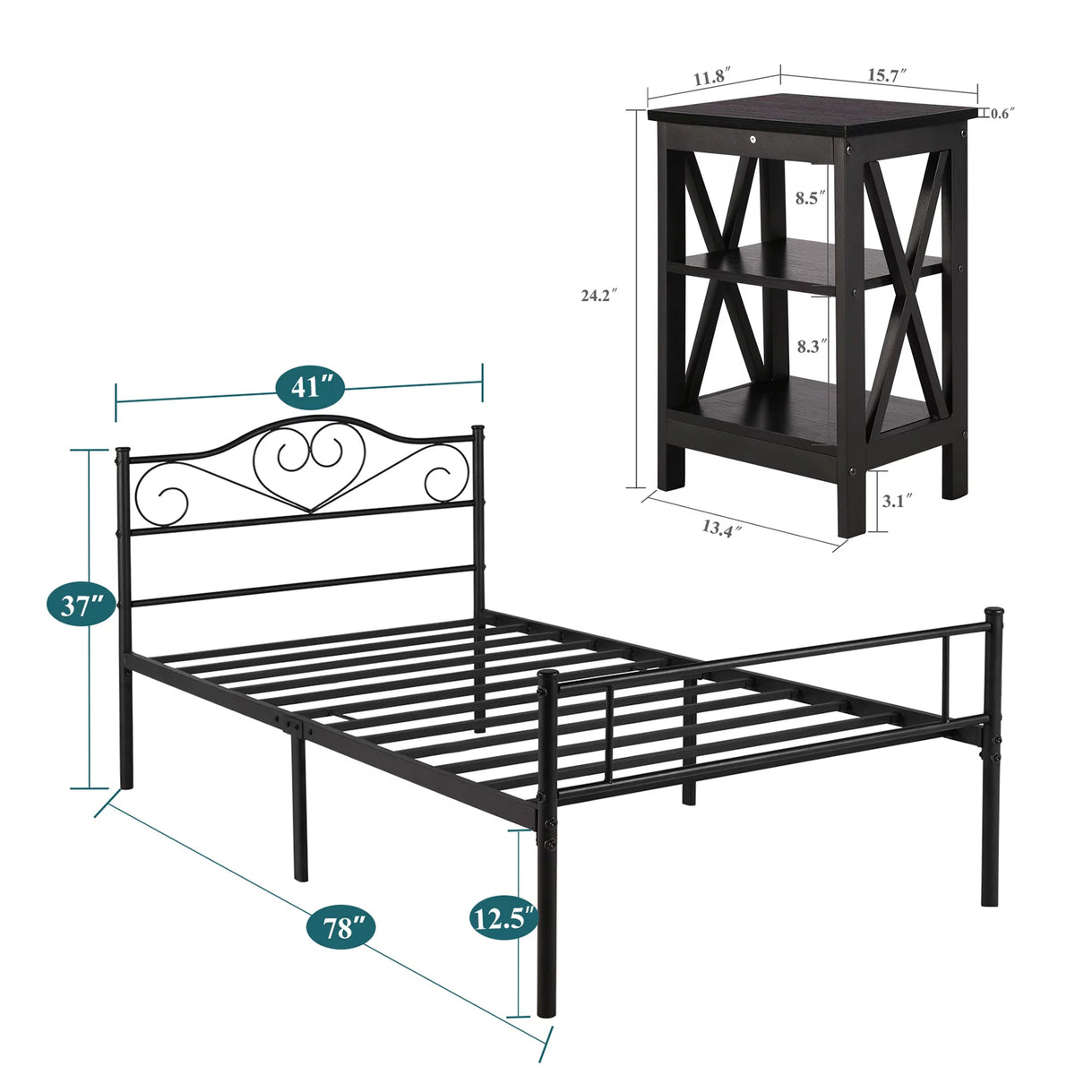 3-Piece Bedroom Set Metal Bed Frame and 2 Nightstand Z865