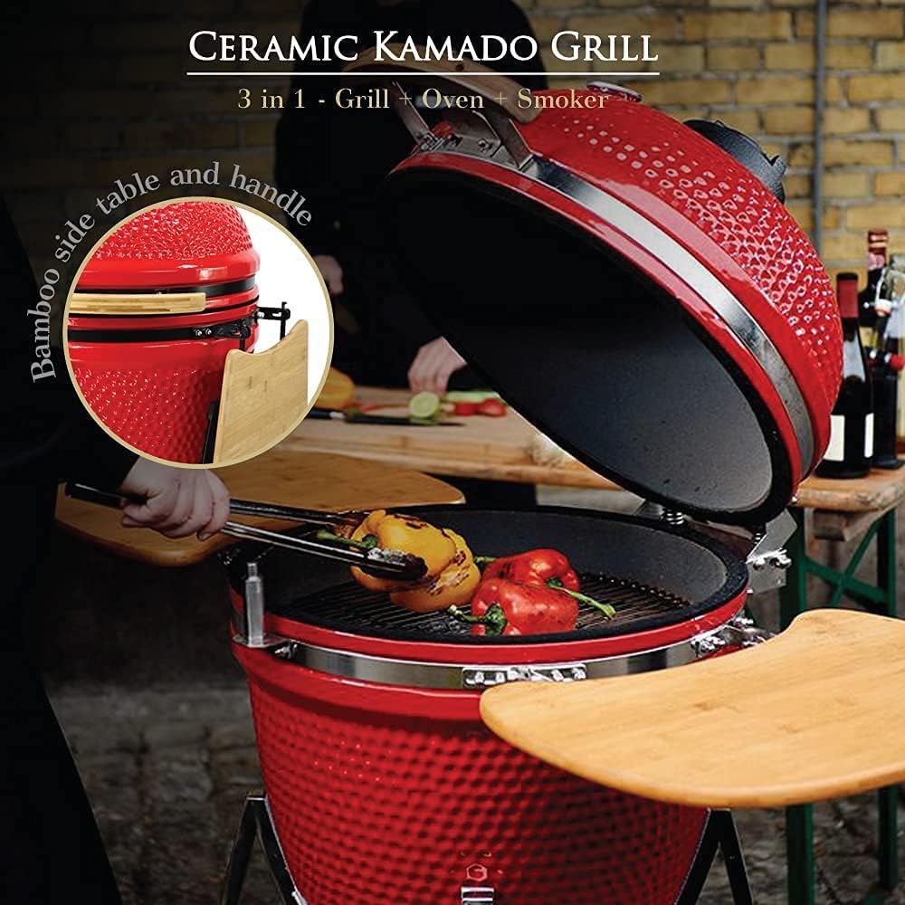 23” ExtraLarge Ceramic Kamado Grill Cooker Oven Smoker with Trolley Wheels Cast Iron Vent Red C18879