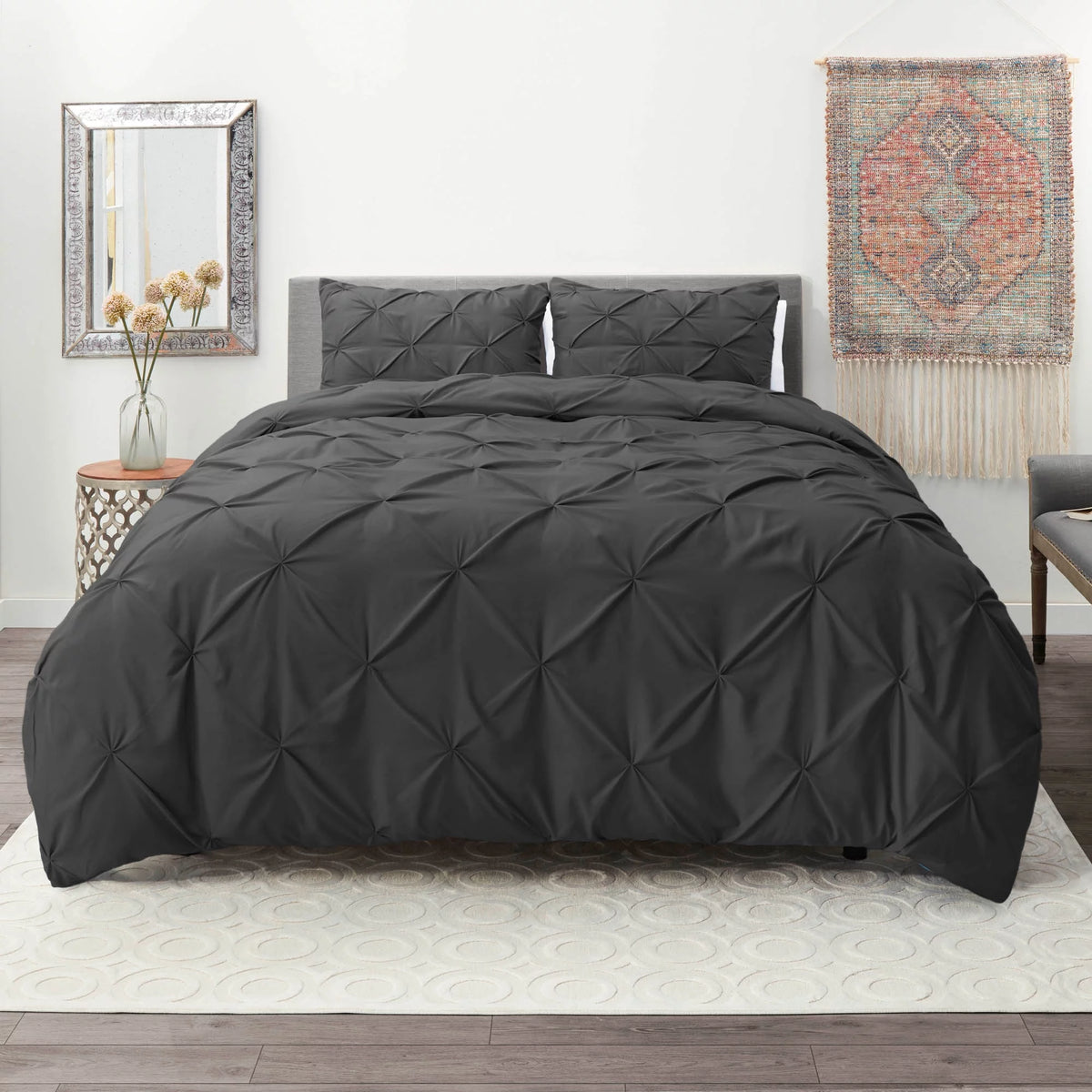 3 Piece Pinch Pleated Microfiber Duvet Cover Set Queen Gray X4998