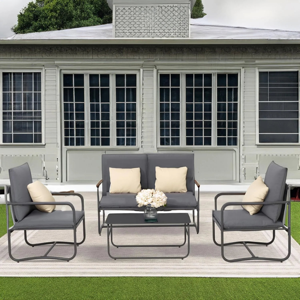 4 Pcs Aluminum Outdoor Sofa Conversation Set with Coffee Table G74865