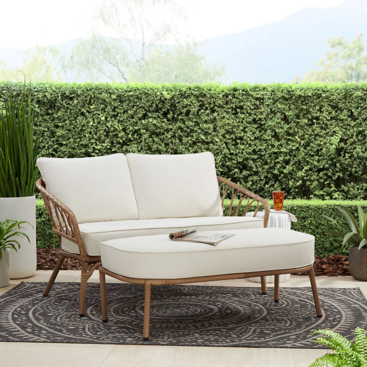 Beige Wicker Outdoor Loveseat and Ottoman Set U736