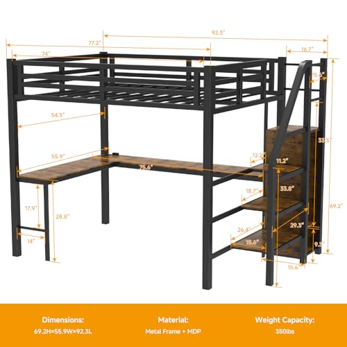 Full Size Black Metal Loft Bed with Desk and Storage Stairs K559