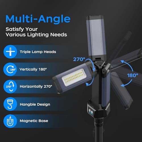 Rechargeable LED Work Light with Stand, 67" Tall Portable Cordless 3-head, 8AH Battery, 500/1500/2500 Lumen, 4000/6500K Dimmable with Detachable Tripod G177561