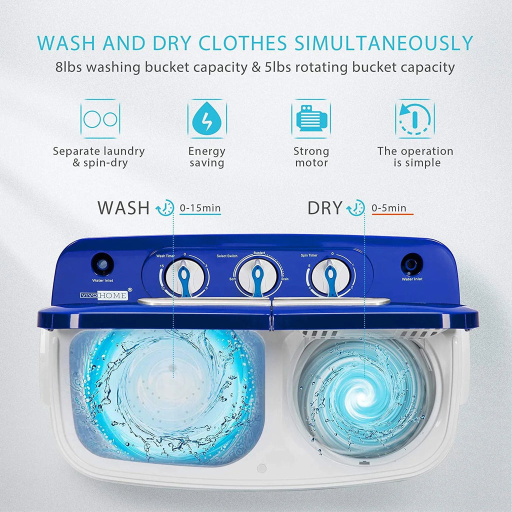 Portable 2 in 1 Twin Tub Mini Laundry Washer and Spin Dryer Combo 13.5lbs Black & White Z1219