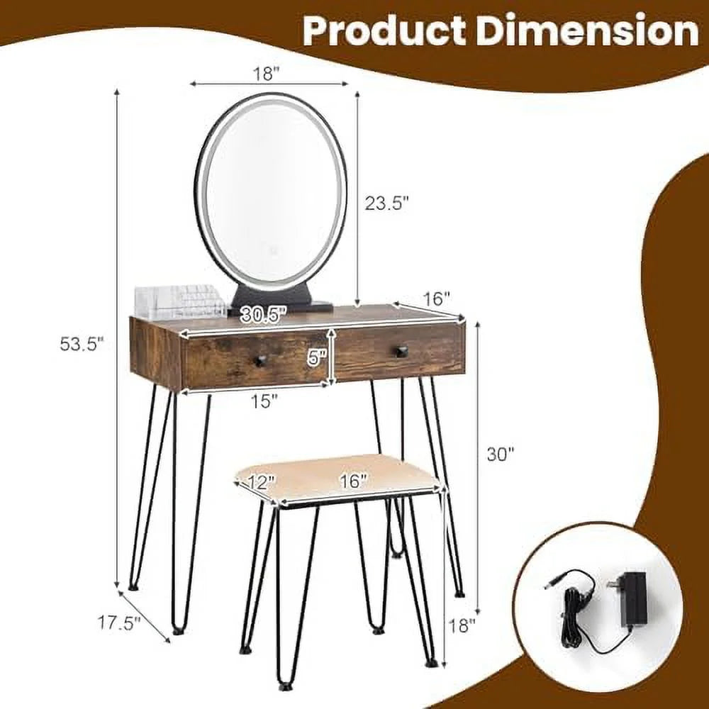 Vanity Desk with Mirror and Lights Makeup Dressing Table Set with Stool O8450