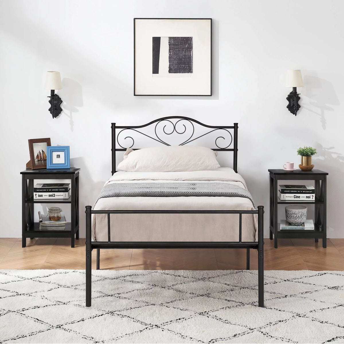 3-Piece Bedroom Set Metal Bed Frame and 2 Nightstand Z865