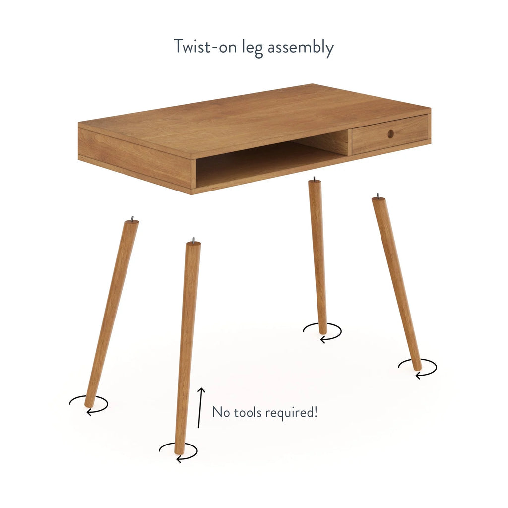 Modern Home Office Desk in Walnut Wood with Open Storage Cubby and Small Drawer H33235