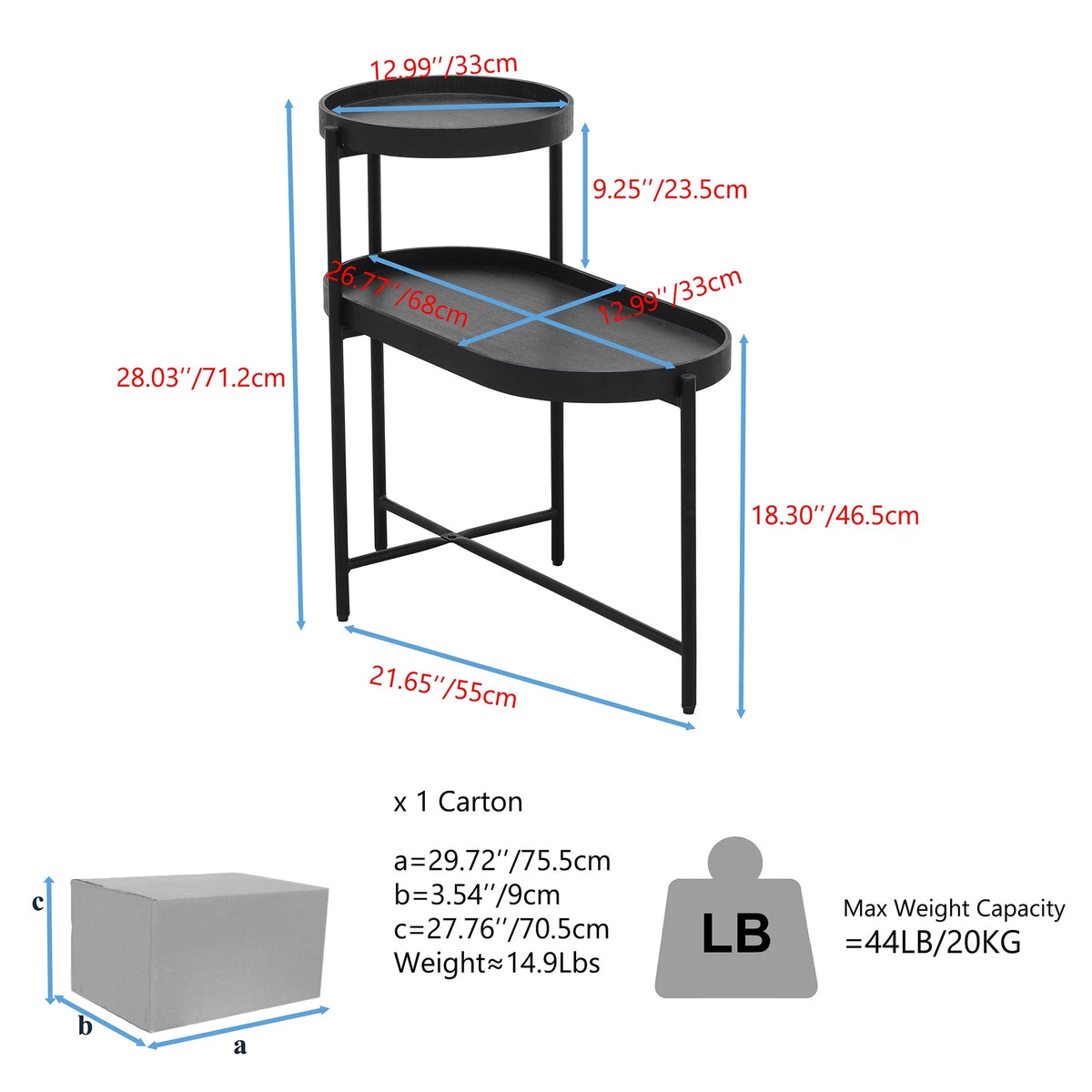 2-Tier Wooden Top Side Table Black Metal Frame M571