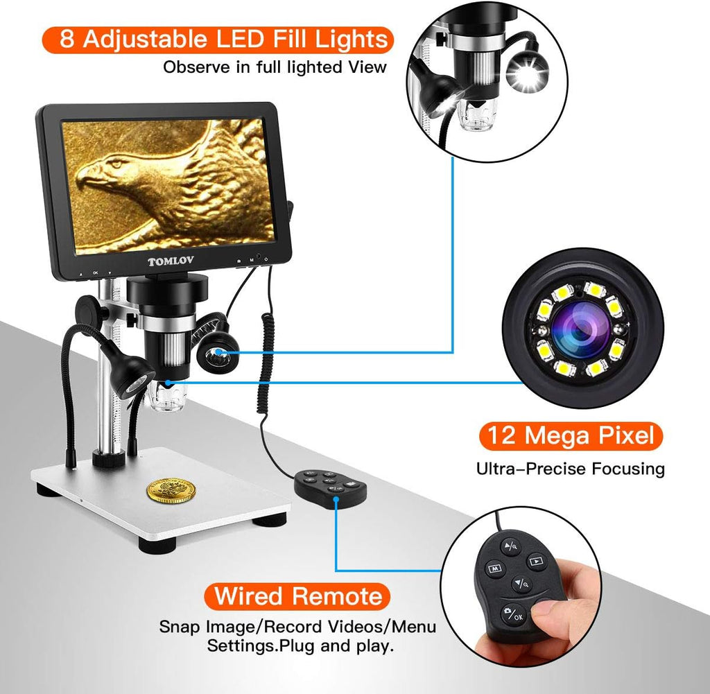 7" LCD Digital Microscope 1200X 1080P 12MP with Metal Stand J651
