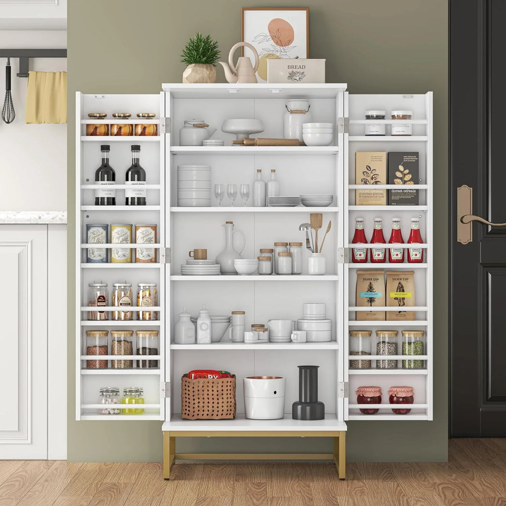 White Freestanding Kitchen Pantry Storage Cabinet with Adjustable Shelves V6456