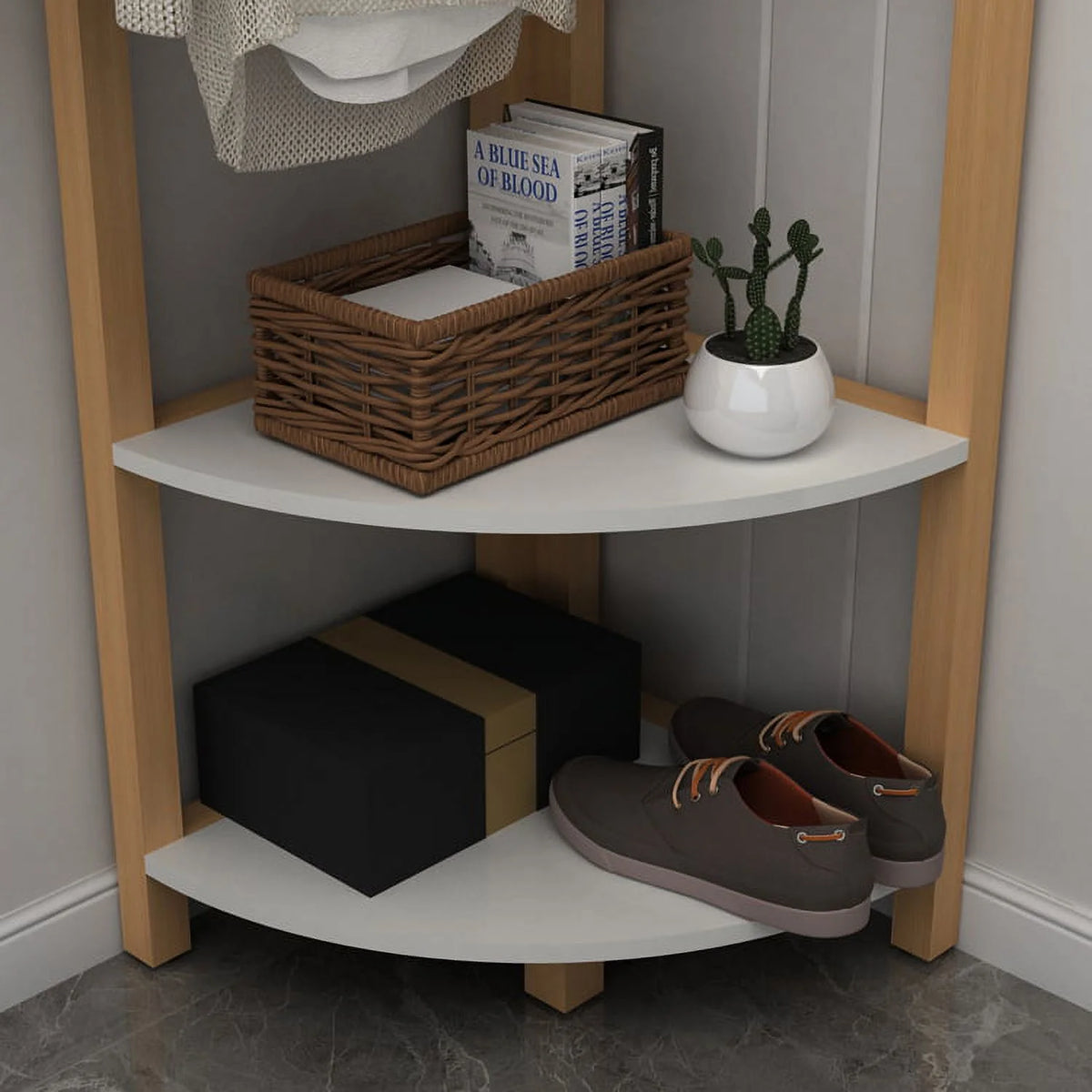 Wood Corner Shelf and Coat Rack Q146