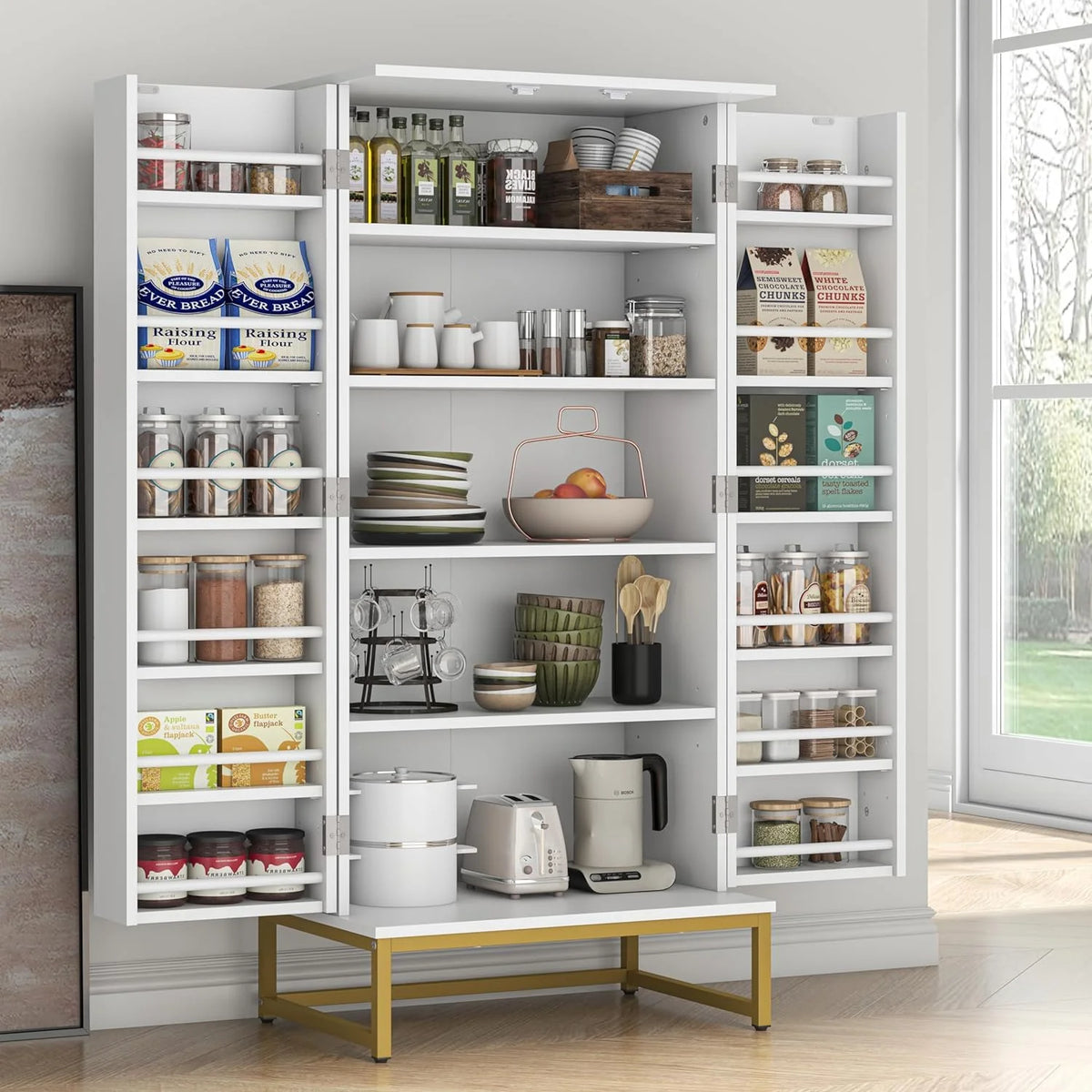 White Freestanding Kitchen Pantry Storage Cabinet with Adjustable Shelves V6456